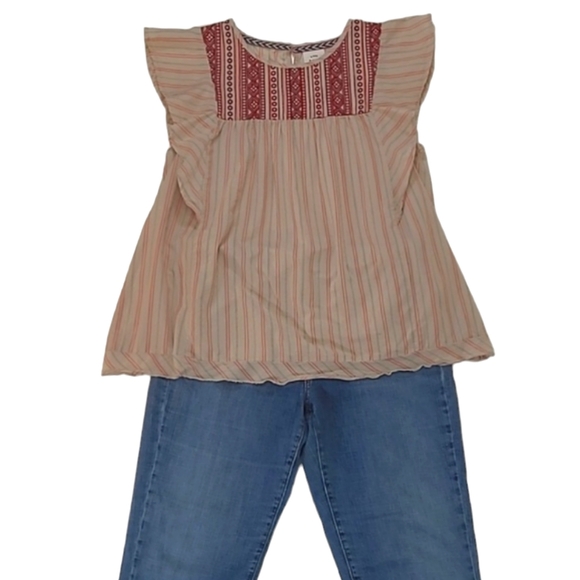 Knox Rose Boho Top Flutter Sleeve Striped Smock Style Embroidered Flounce Blouse - Picture 17 of 17